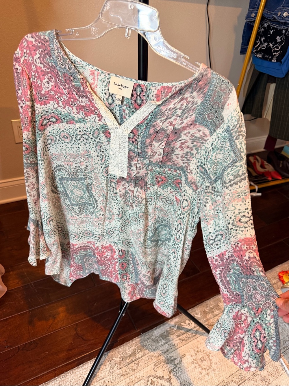Haute Hippie Tribe Paisley Printed Long-Sleeve V-Neck Top in Pink & Mint
